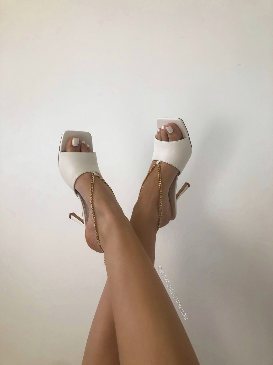 Shoes CASSY Sandals | White Mules With Heel And Adjustable Gold Strap